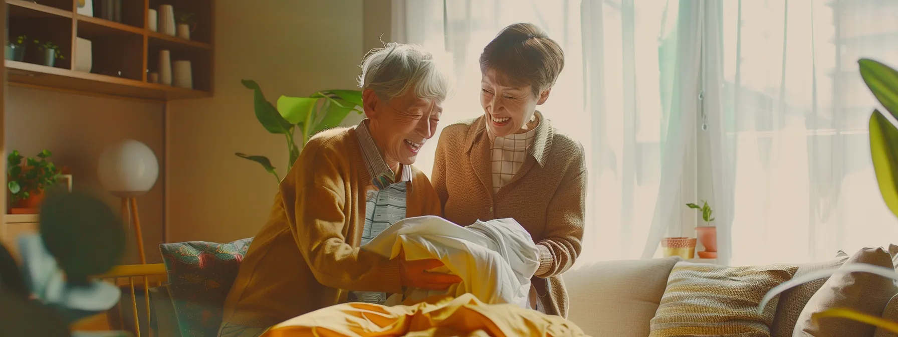 a smiling elderly couple folding freshly laundered clothes together in their bright, cozy living room.