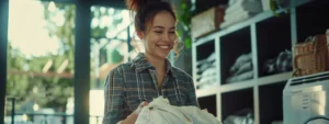 a woman smiling as she effortlessly drops off a bag of laundry at a sleek, modern pickup and delivery laundry service.