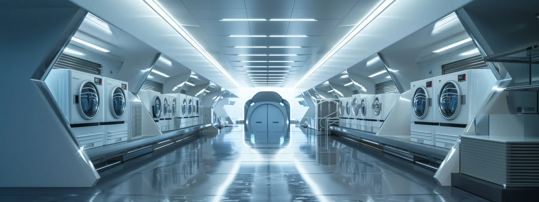 a row of high-tech washing machines in a sleek, futuristic laundromat setting.